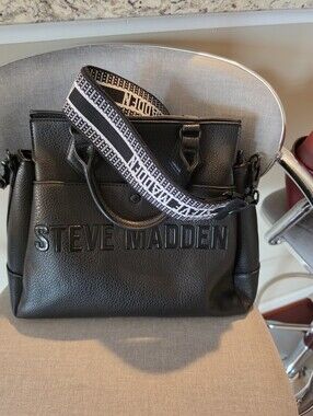 Steve Madden Black Pebbled Messenger Bag with Woven Strap- Gently Used.